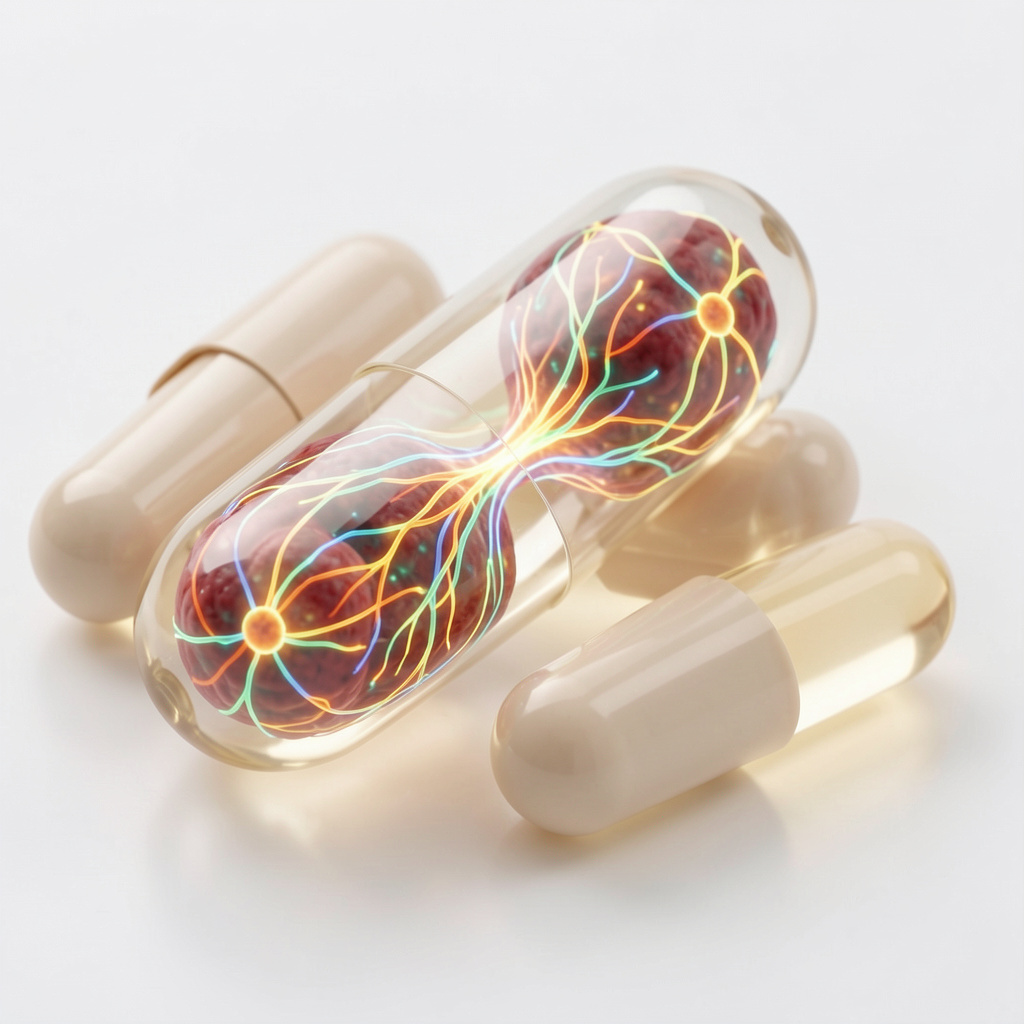 CoQ10 supplement capsules with cellular energy illustration