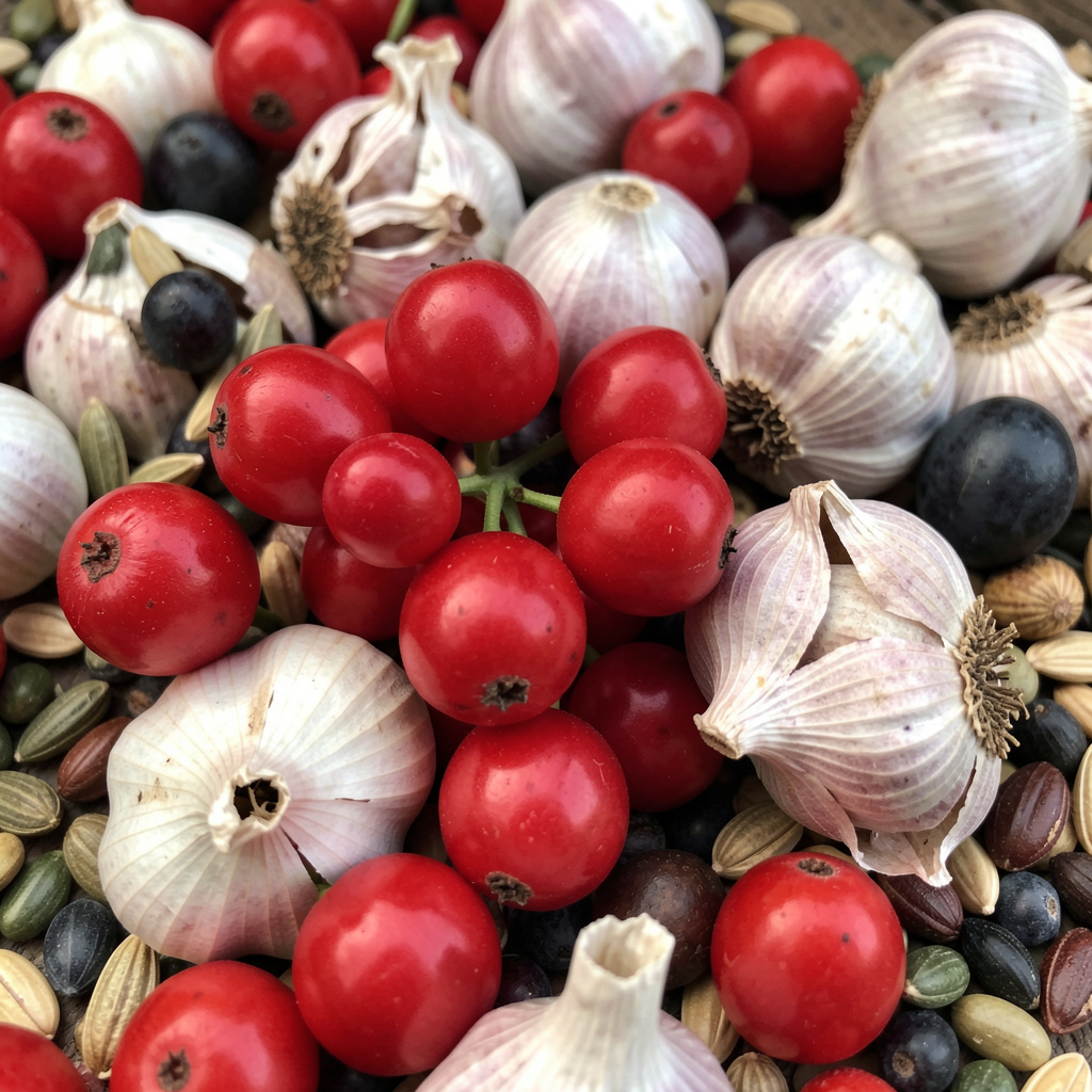 Collection of natural botanical ingredients including hawthorn berries, garlic, and omega-rich seeds