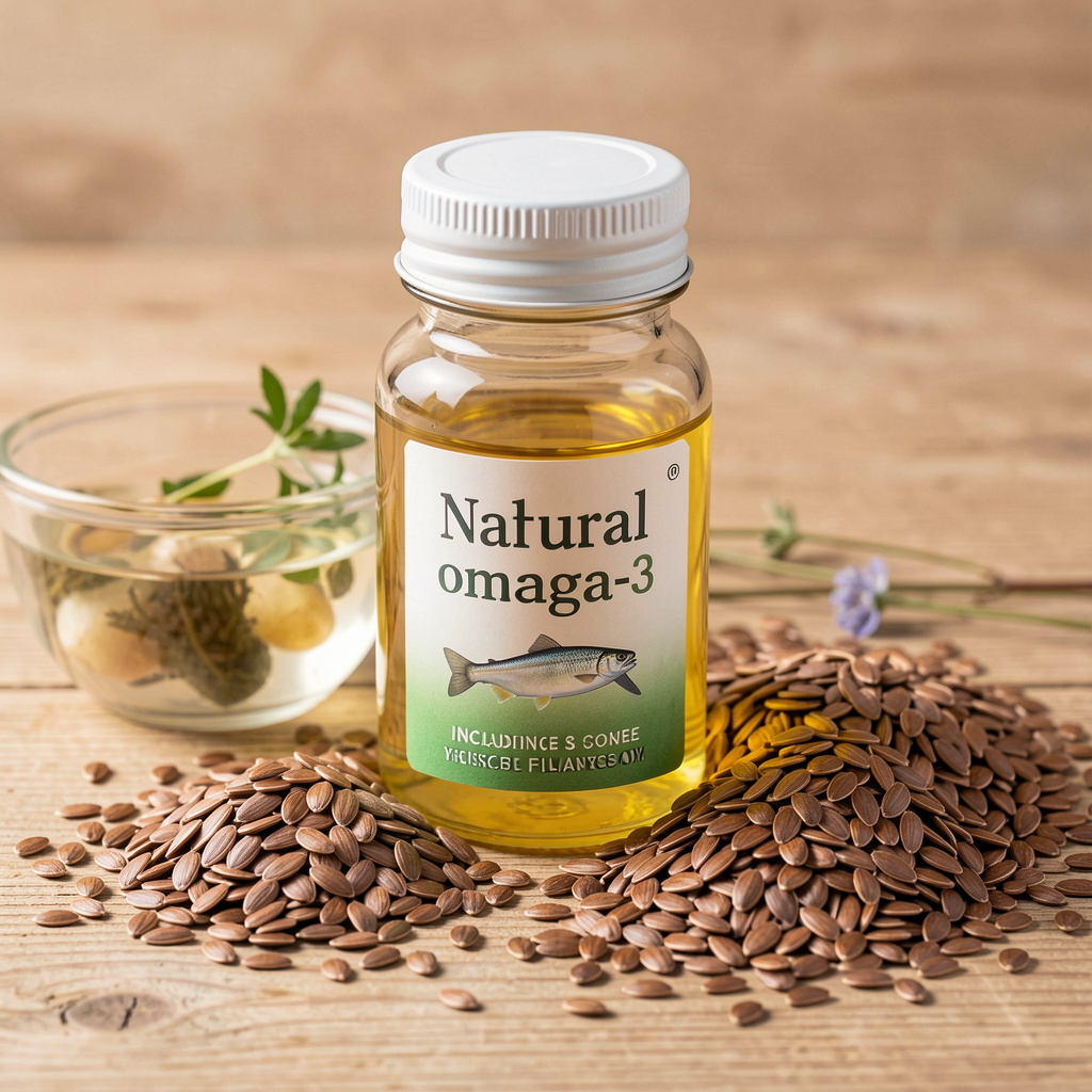 Natural omega-3 sources including fish oil and flaxseeds